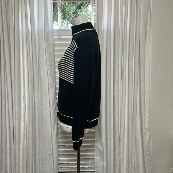 Dressbarn Sweater Zip-Up Black White M Ribbed Knit Pockets Sporty Retro - Picture 3 of 7